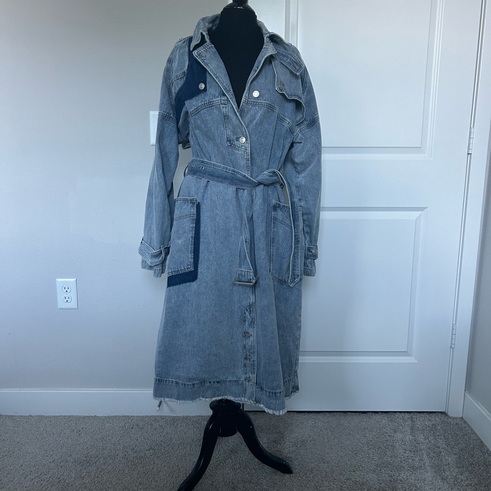 Fashion Nova Blue Denim Trench Coat with Lapel Collar